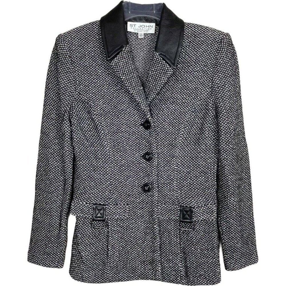 St. John Collection Black White‎ Tweed Blazer Leather Collar Size 2